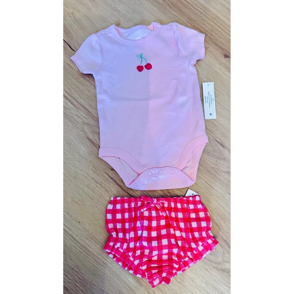 Wonder Nation Baby Girls Pink Cherry Bodysuit and Gingham Bloomers Set 3-6M NWT